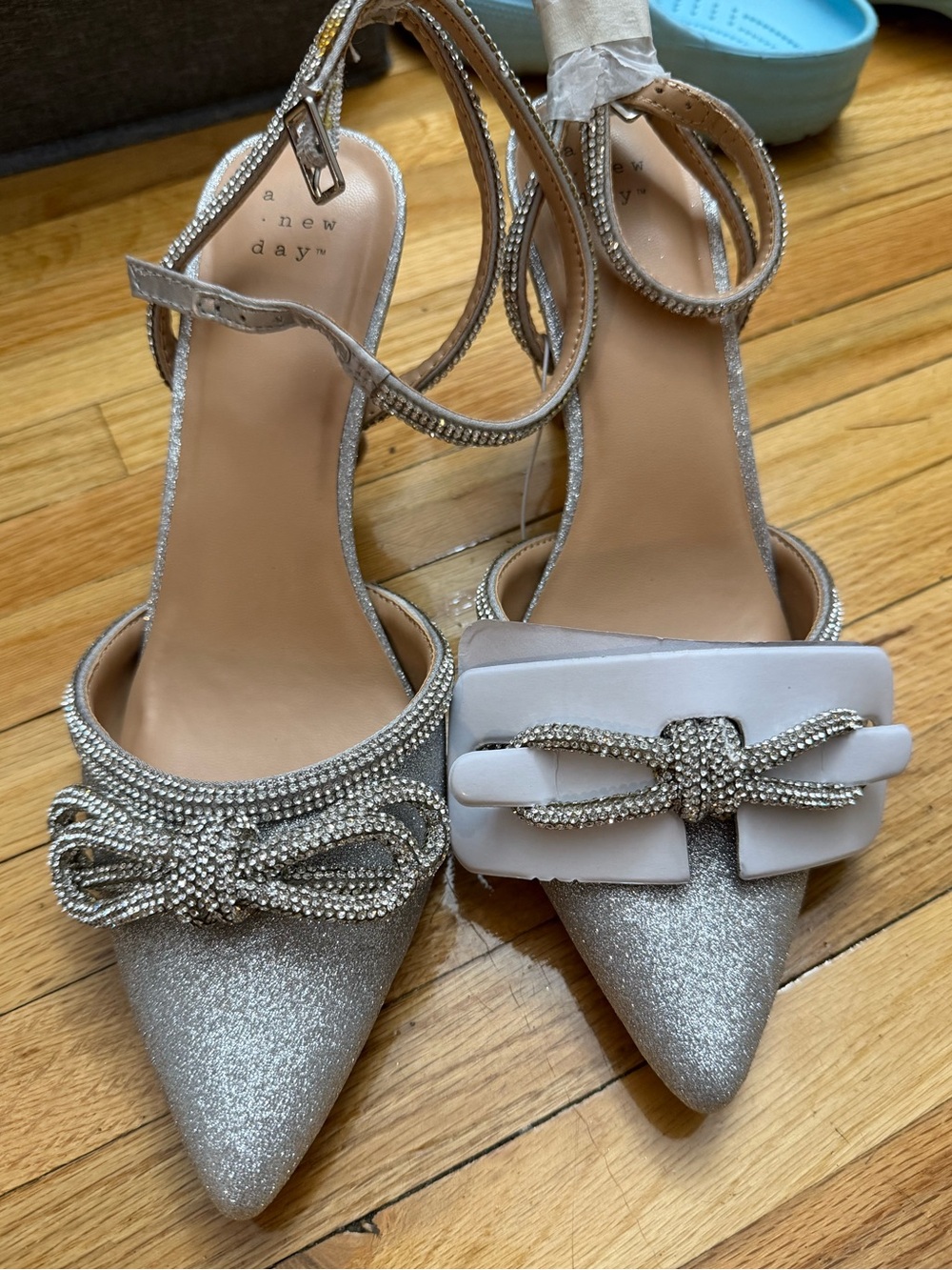 A New Day Silver Glitter Pointed-Toe Embellished Ankle-Strap Heels - Size 8